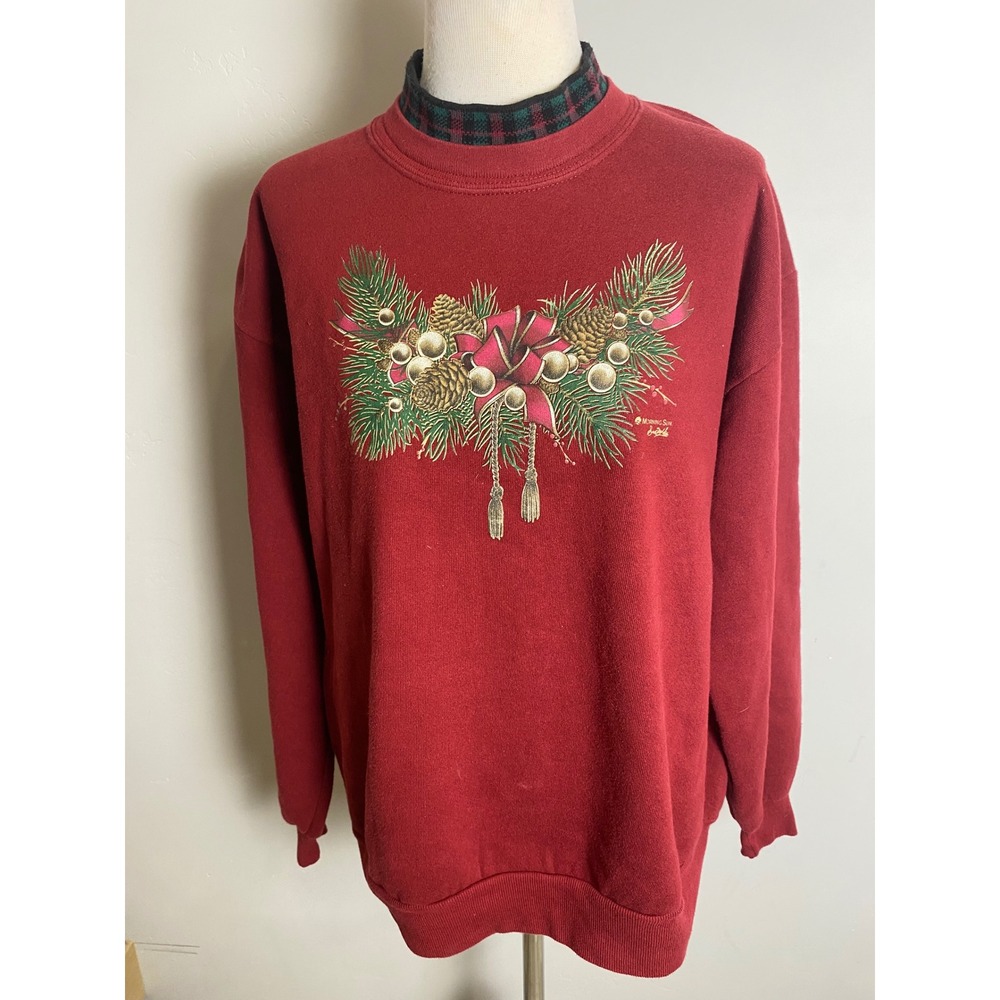 Vintage 80's 90's Christmas Sweatshirt Red Mock Neck Graphic Grannycore L